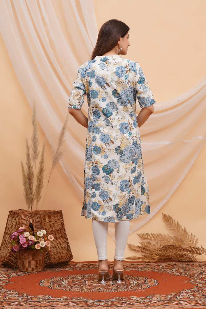 Blue Printed Flax Maternity Kurta