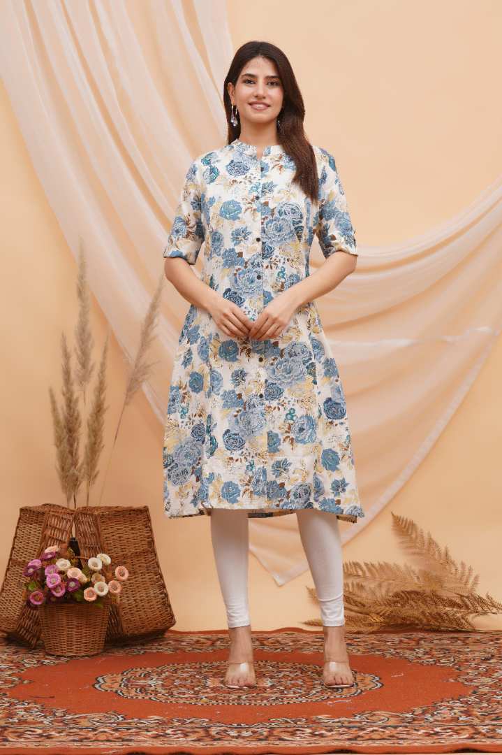 Blue Printed Flax Maternity Kurta