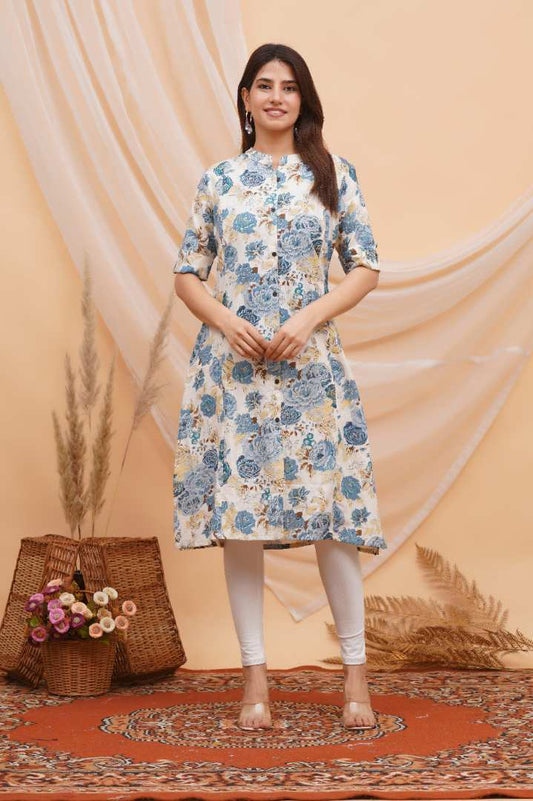 Blue Printed Flax Maternity Kurta