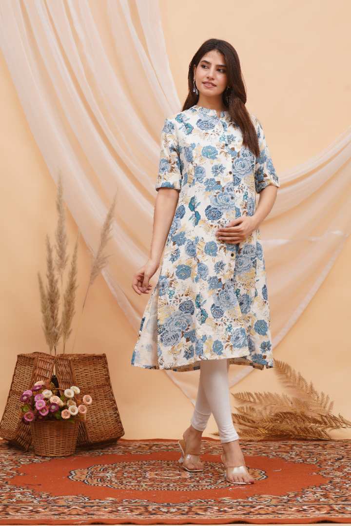 Blue Printed Flax Maternity Kurta