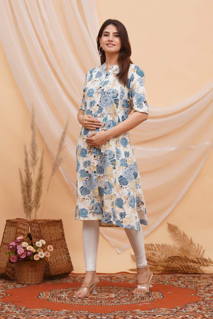 Blue Printed Flax Maternity Kurta