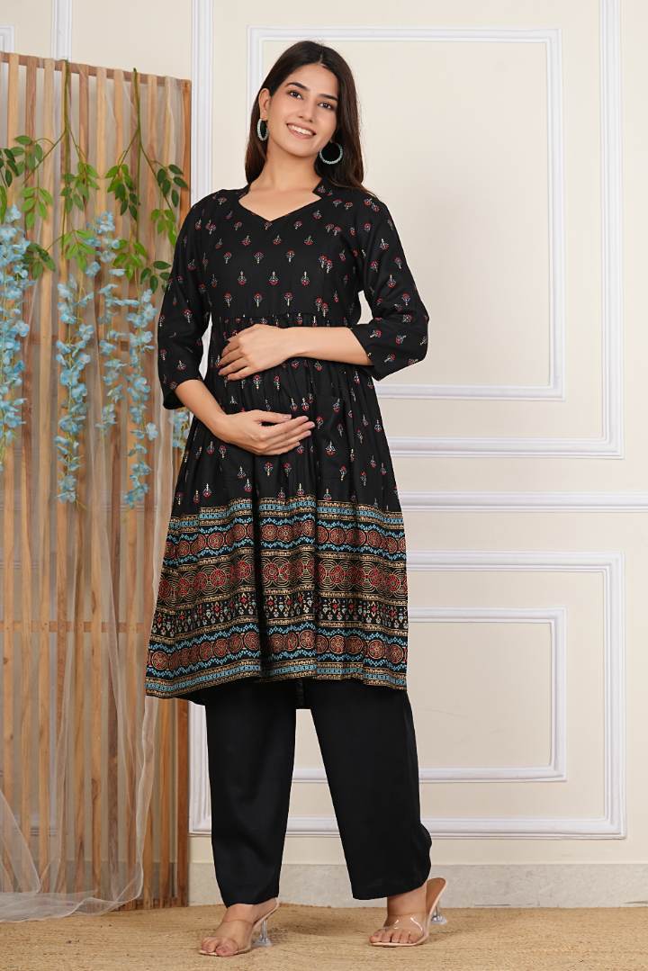 Black Printed Feeding Coord Set