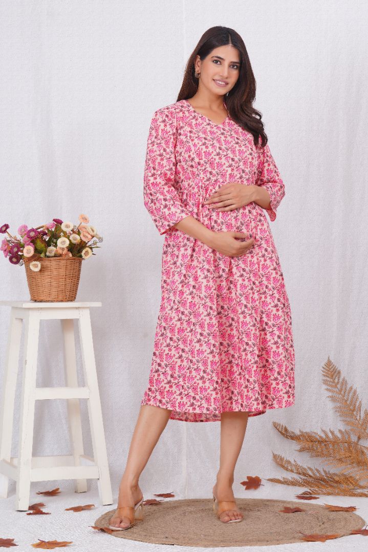 Lotus Pink Printed Nursing Kurta