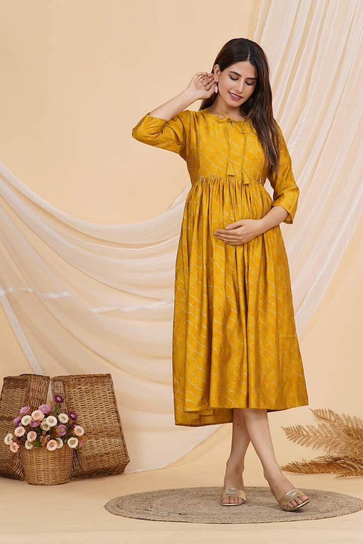 Golden Yellow Leheriya Nursing Dress