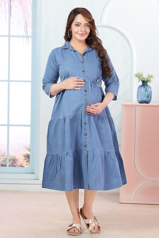 Light Blue Denim Long Feeding Dress