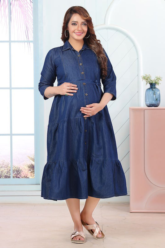 Dark Blue Denim Long Feeding Dress