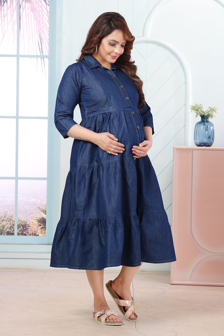 Dark Blue Denim Long Maternity Dress