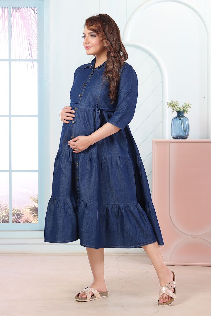 Dark Blue Denim Long Feeding Dress