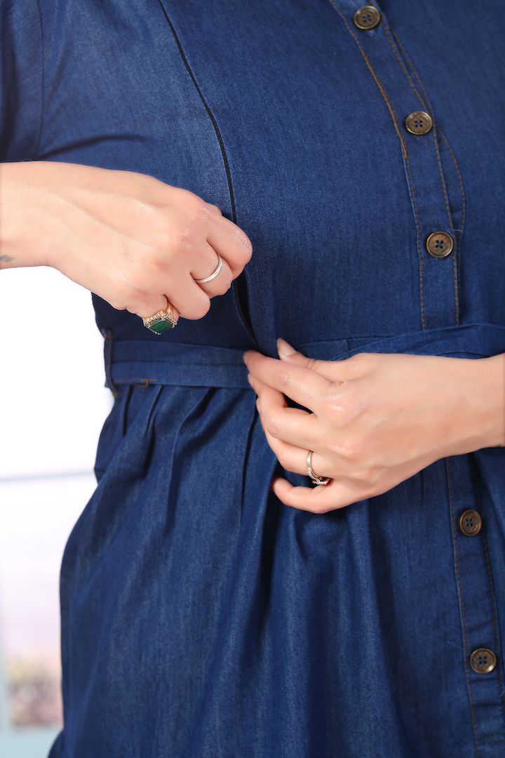 Dark Blue Denim Long Feeding Dress