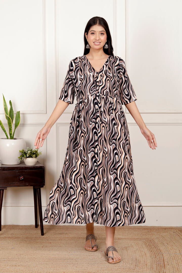 Coffee Brown Marble Print Feeding Dress