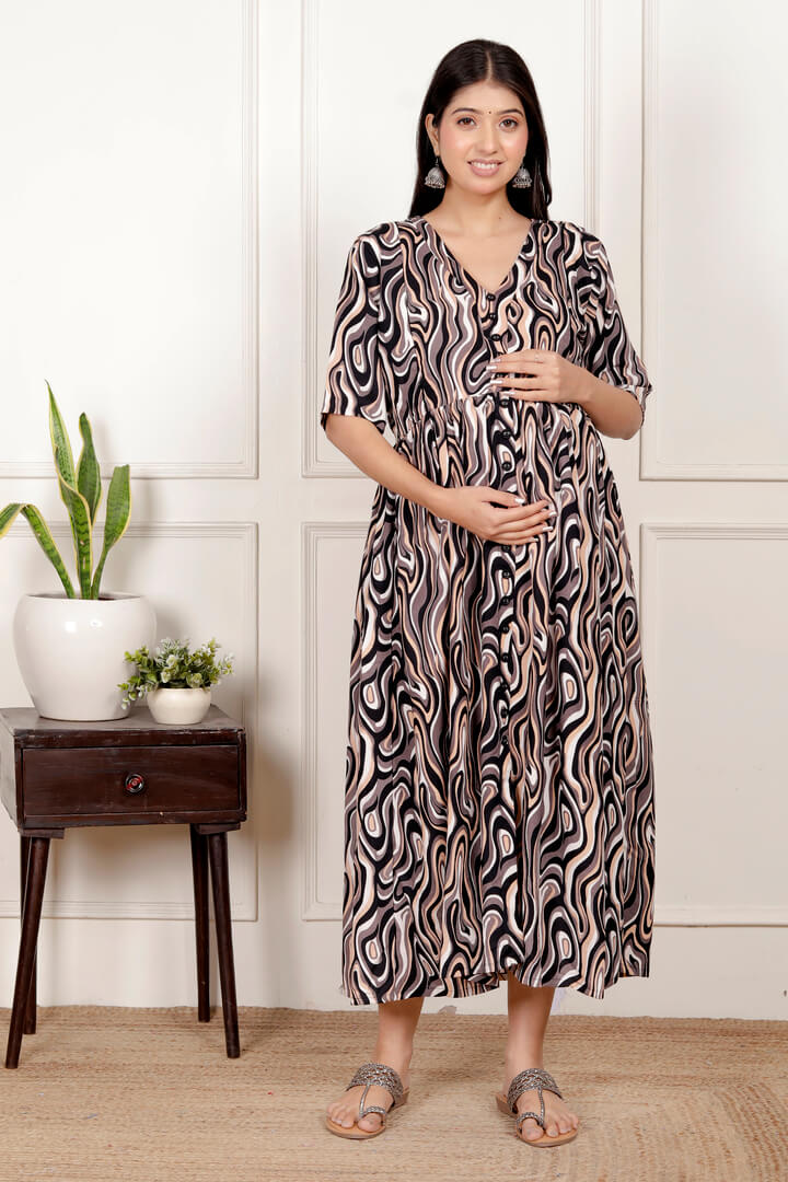 Coffee Brown Marble Print Feeding Dress