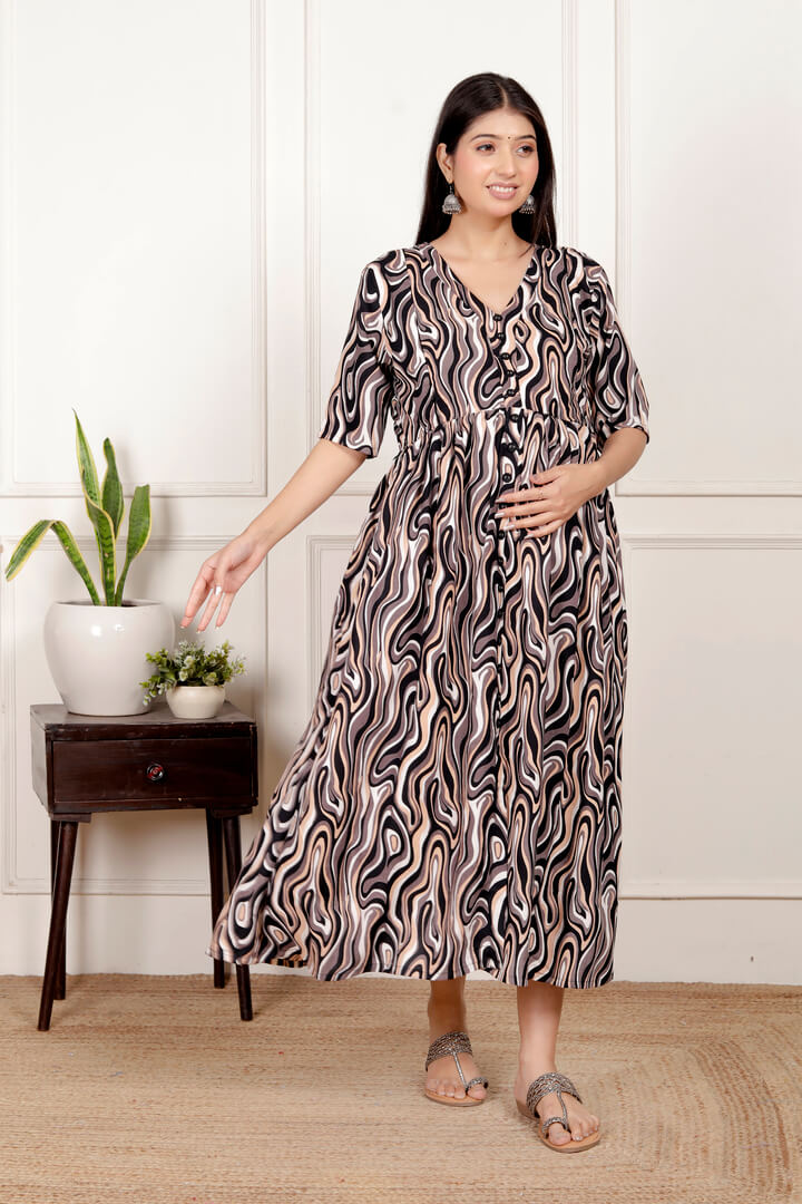 Coffee Brown Marble Print Feeding Dress