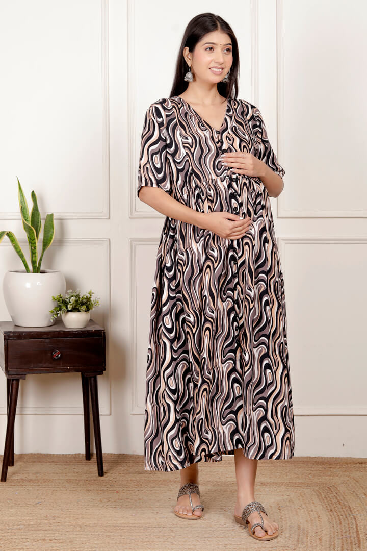 Coffee Brown Marble Print Feeding Dress