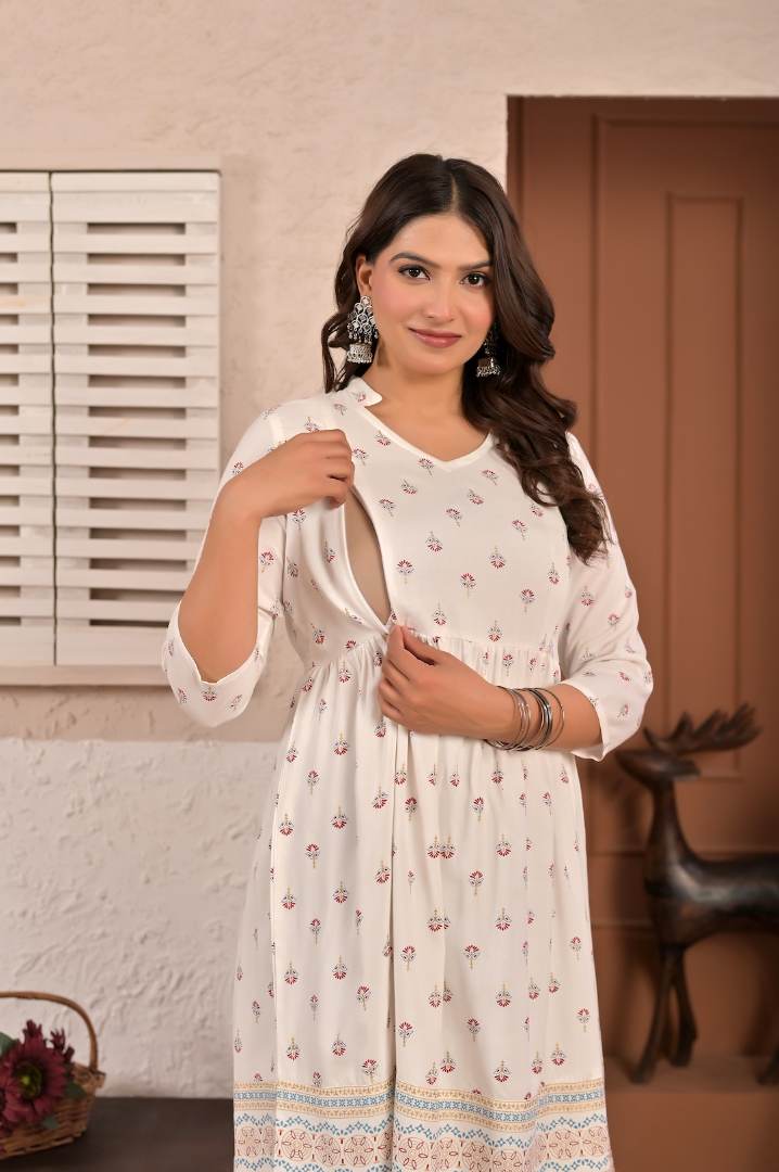 Pristine White Printed Feeding Kurta