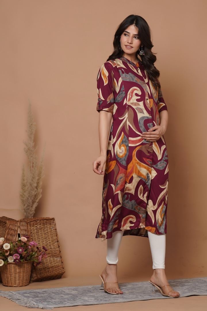 Reddish Pink Tribal Printed Feeding Kurti