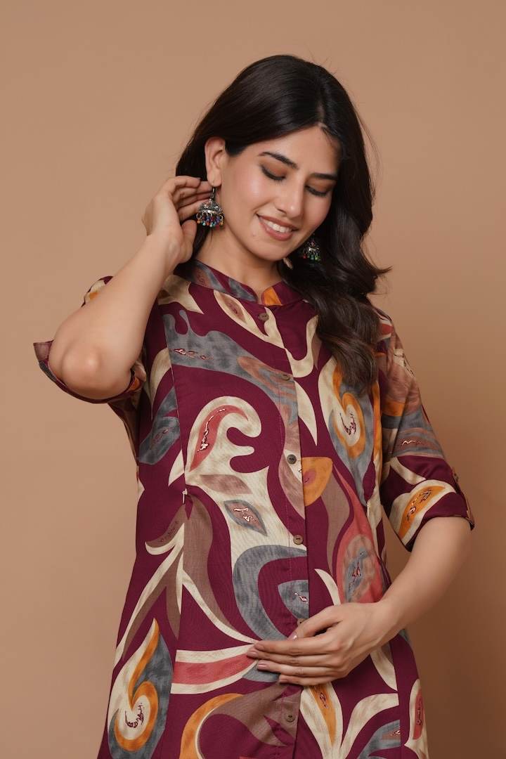 Reddish Pink Tribal Printed Feeding Kurti