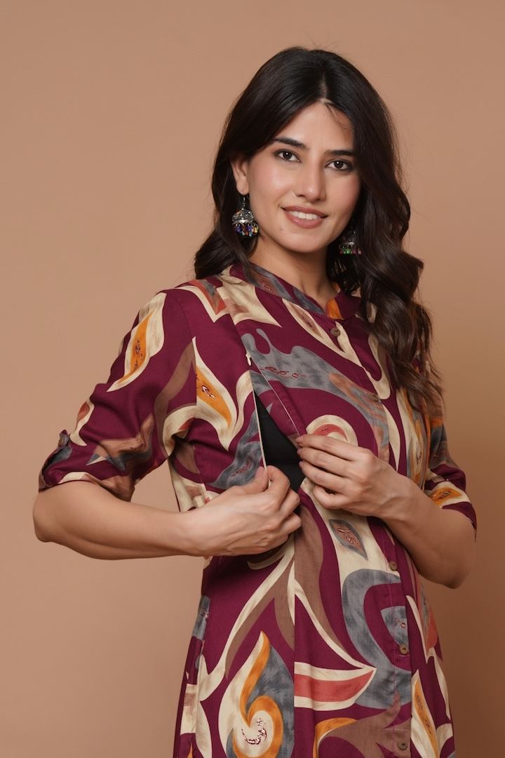 Reddish Pink Tribal Printed Feeding Kurti