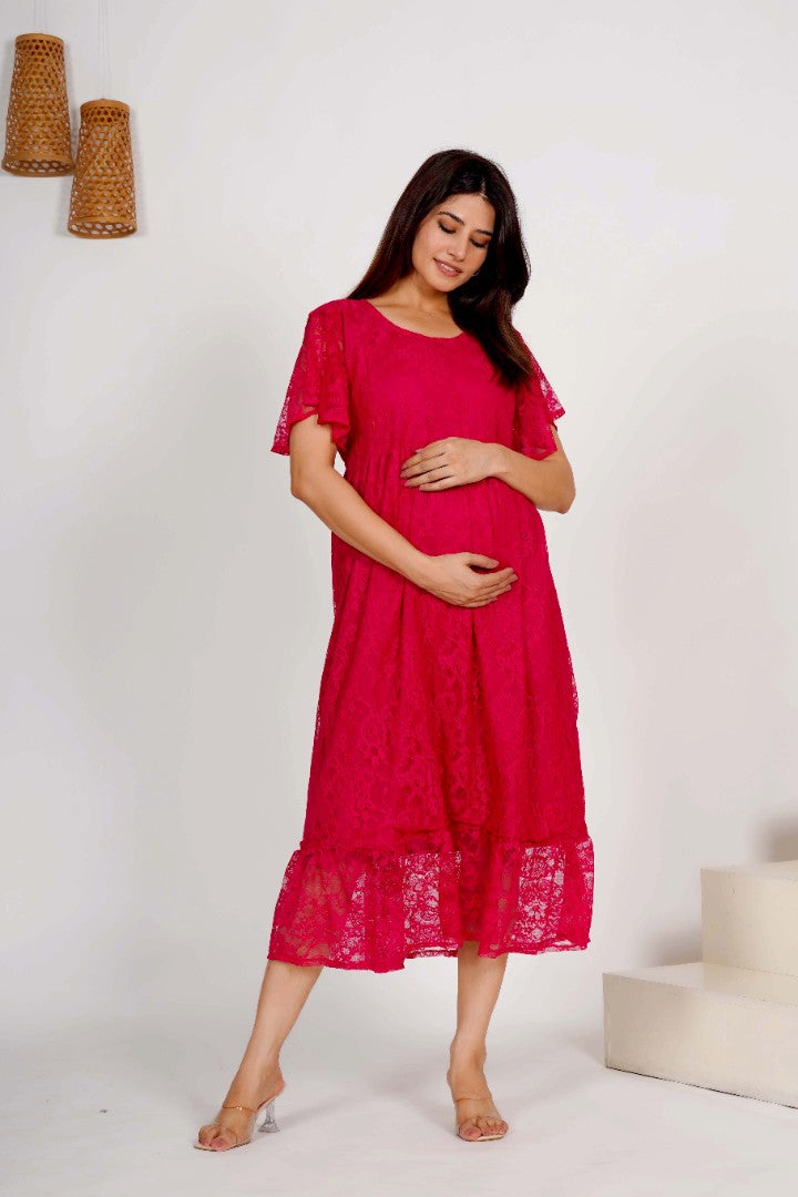 Sweet and Romantic: Raspberry Sorbet Lace Nursing Dress MomsBae Sweet and Romantic: Raspberry Sorbet Lace Nursing Dress MomsBae
