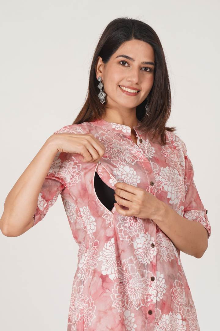Sober Pink Printed Feeding Kurta
