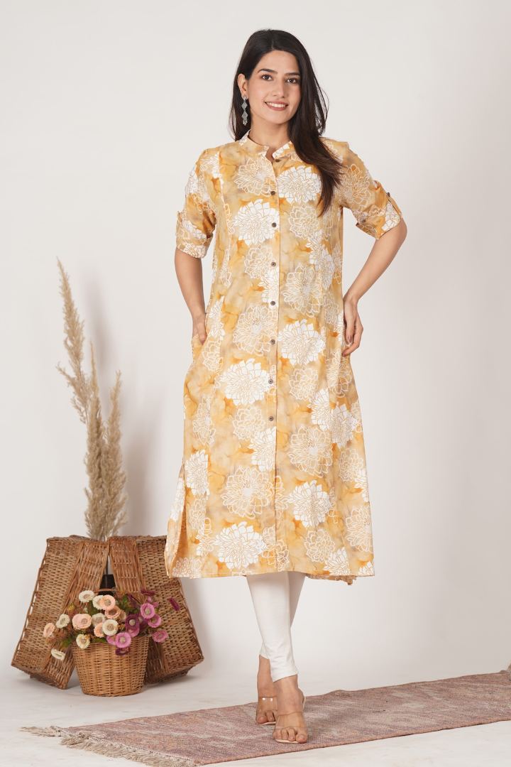 Golden Yellow Printed Feeding Kurta