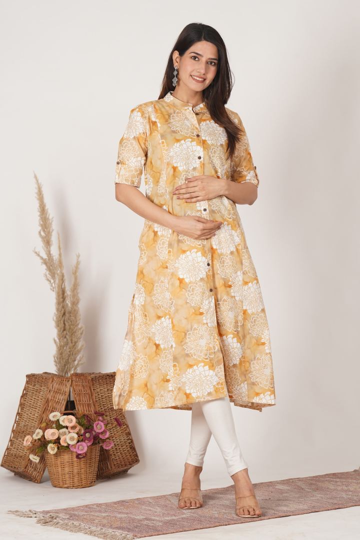 Golden Yellow Printed Feeding Kurta