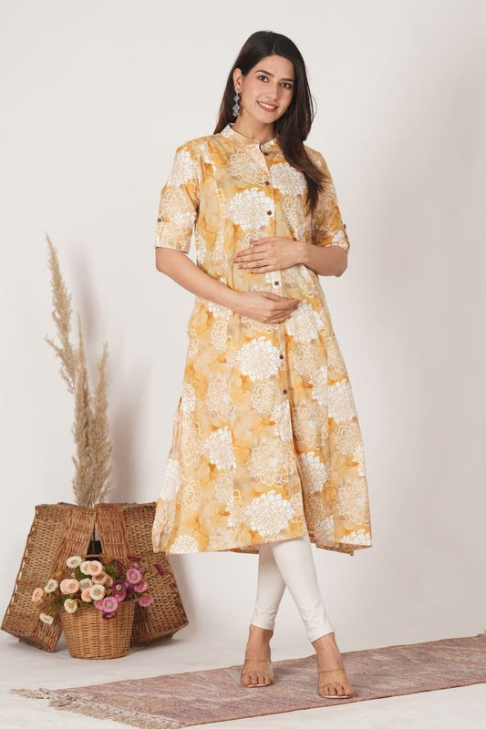 Golden Yellow Printed Feeding Kurta