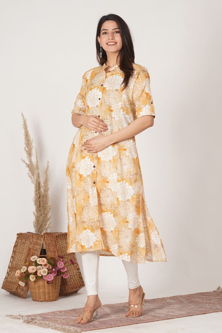 Golden Yellow Printed Feeding Kurta