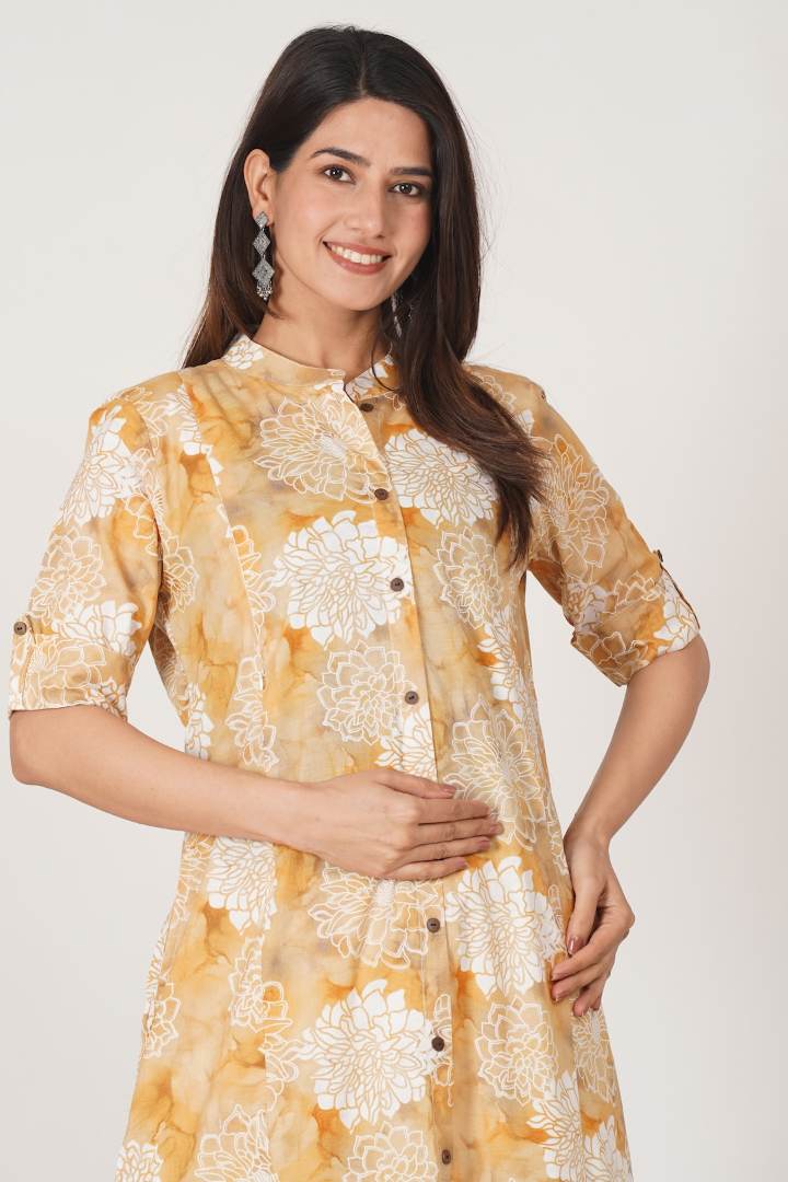 Golden Yellow Printed Feeding Kurta