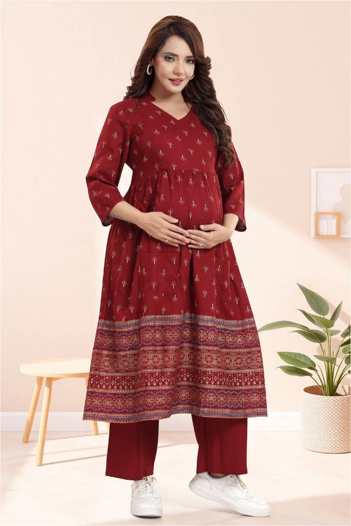 Deep Maroon Printed Feeding Coord Set
