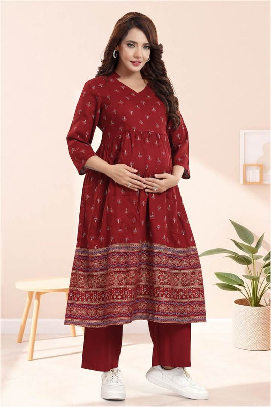 Deep Maroon Printed Feeding Coord Set