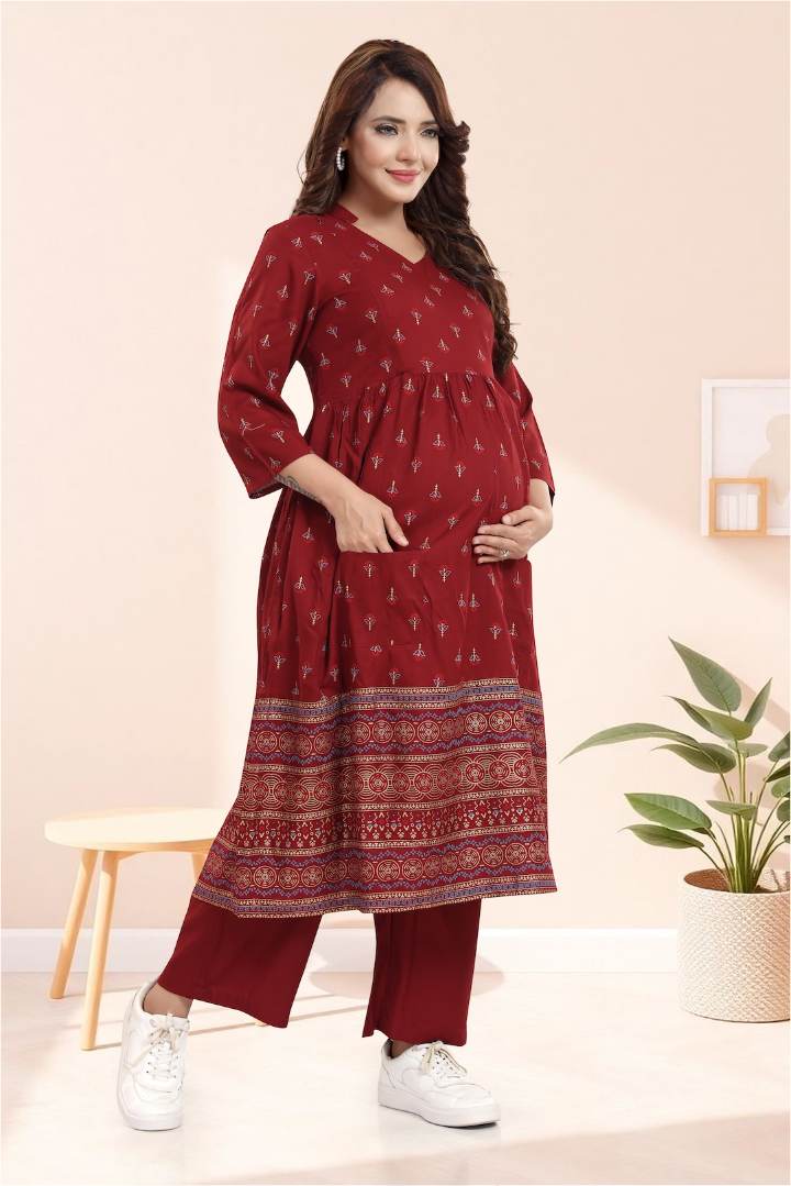 Deep Maroon Printed Feeding Coord Set