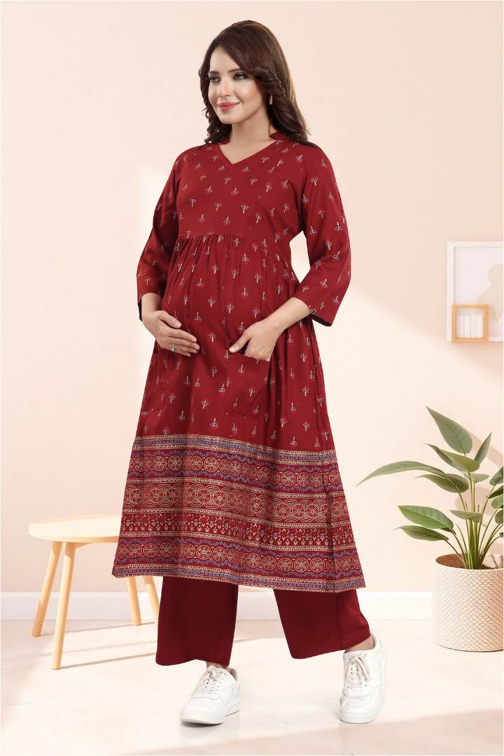 Deep Maroon Printed Feeding Coord Set