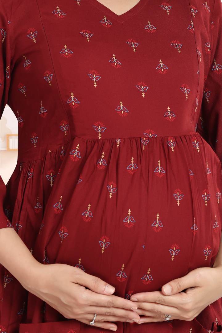 Deep Maroon Printed Feeding Coord Set