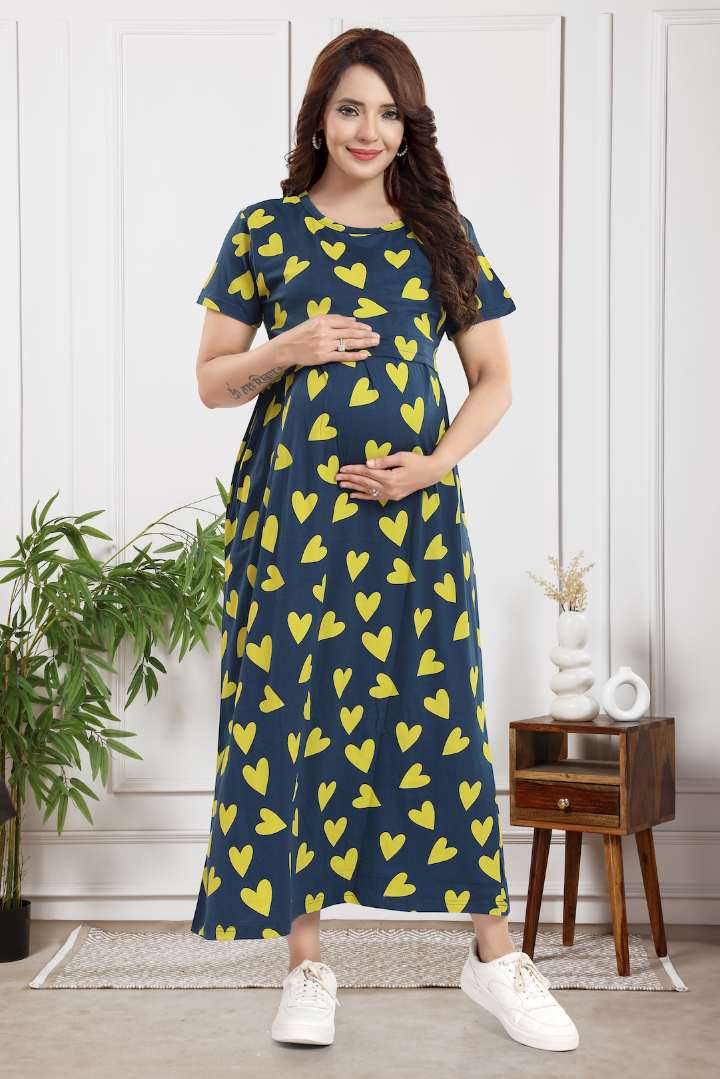 Yellow Pop Heart Zipless Feeding Nightie
