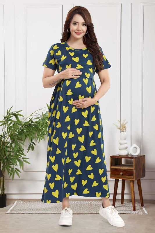 Yellow Pop Heart Zipless Feeding Nightie