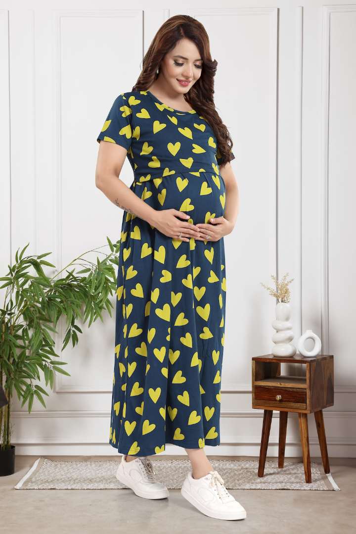 Yellow Pop Heart Zipless Feeding Nightie