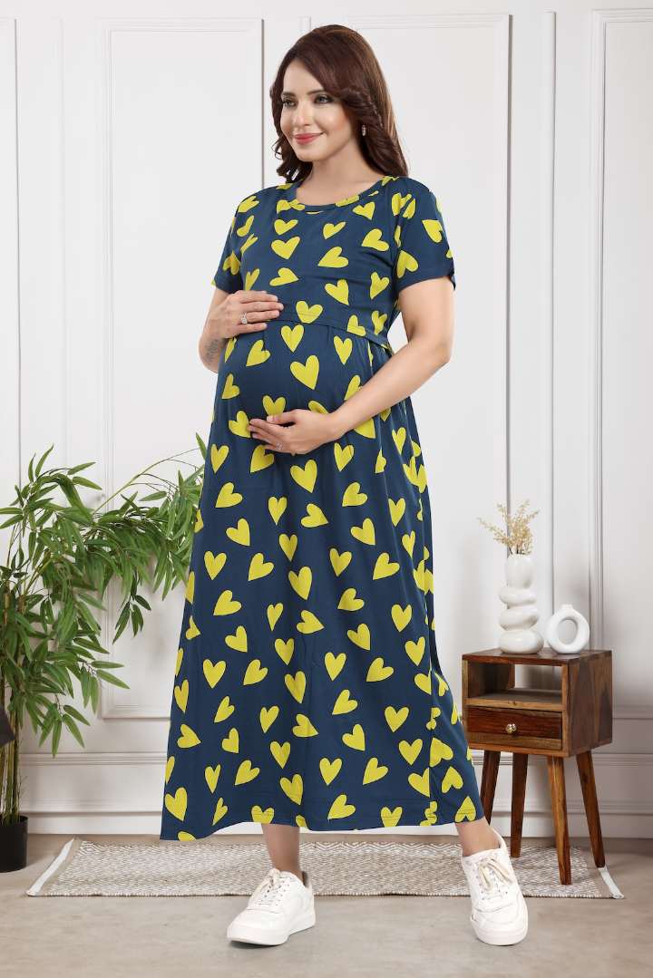 Yellow Pop Heart Zipless Feeding Nightie