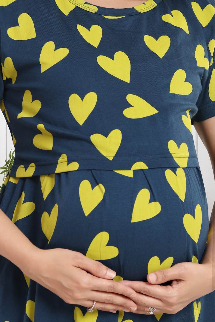 Yellow Pop Heart Zipless Feeding Nightie