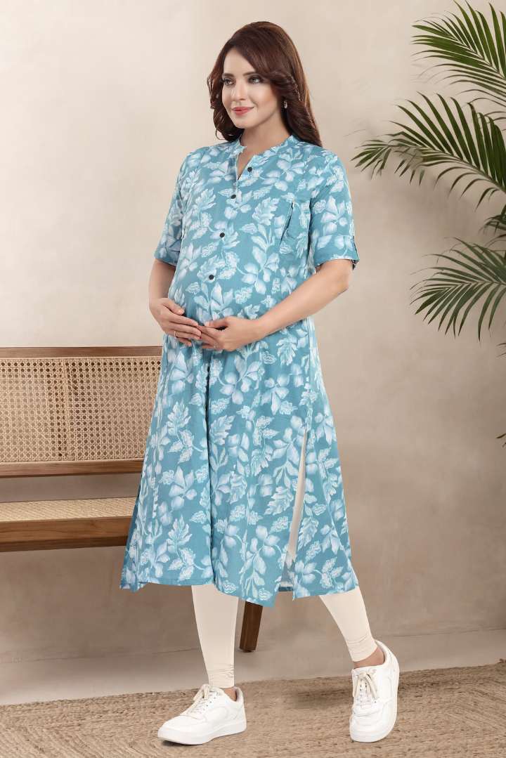 Glossy Blue Printed Feeding Kurta