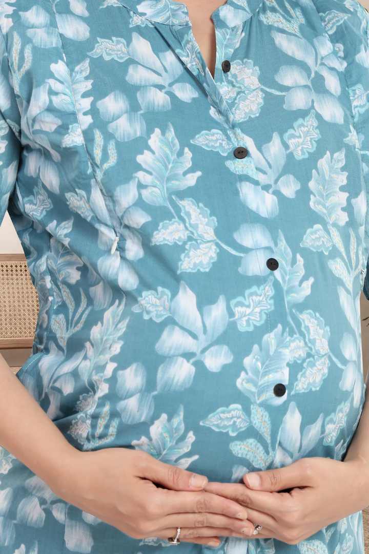 Glossy Blue Printed Feeding Kurta