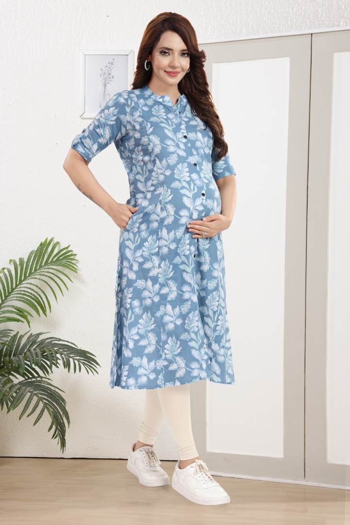 Greyish Blue Printed Feeding Kurta