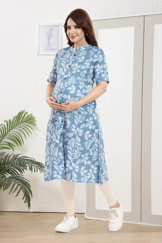 Greyish Blue Printed Feeding Kurta