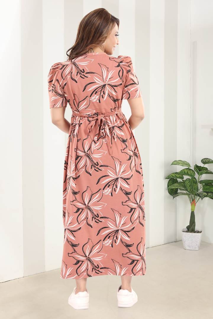 Peach Hibiscus Print Zipless Feeding Nightie