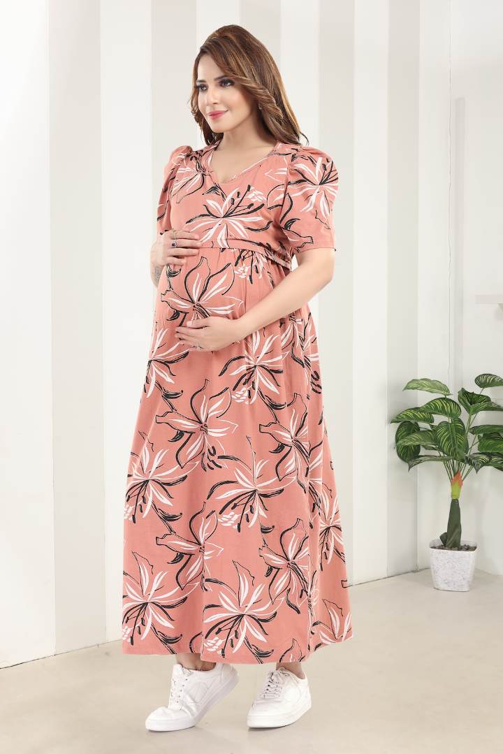 Peach Hibiscus Print Zipless Feeding Nightie