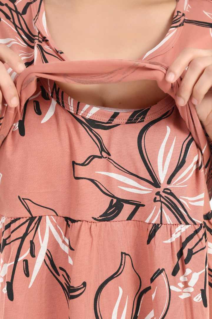 Peach Hibiscus Print Zipless Feeding Nightie