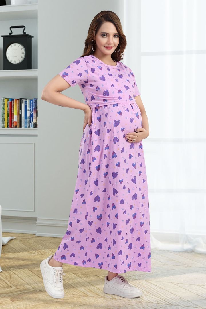 Light Violet Heart Printed Zipless Nightie
