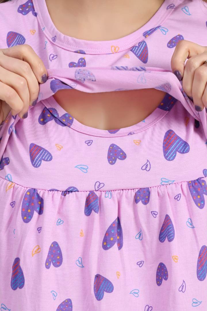 Light Violet Heart Printed Zipless Nightie