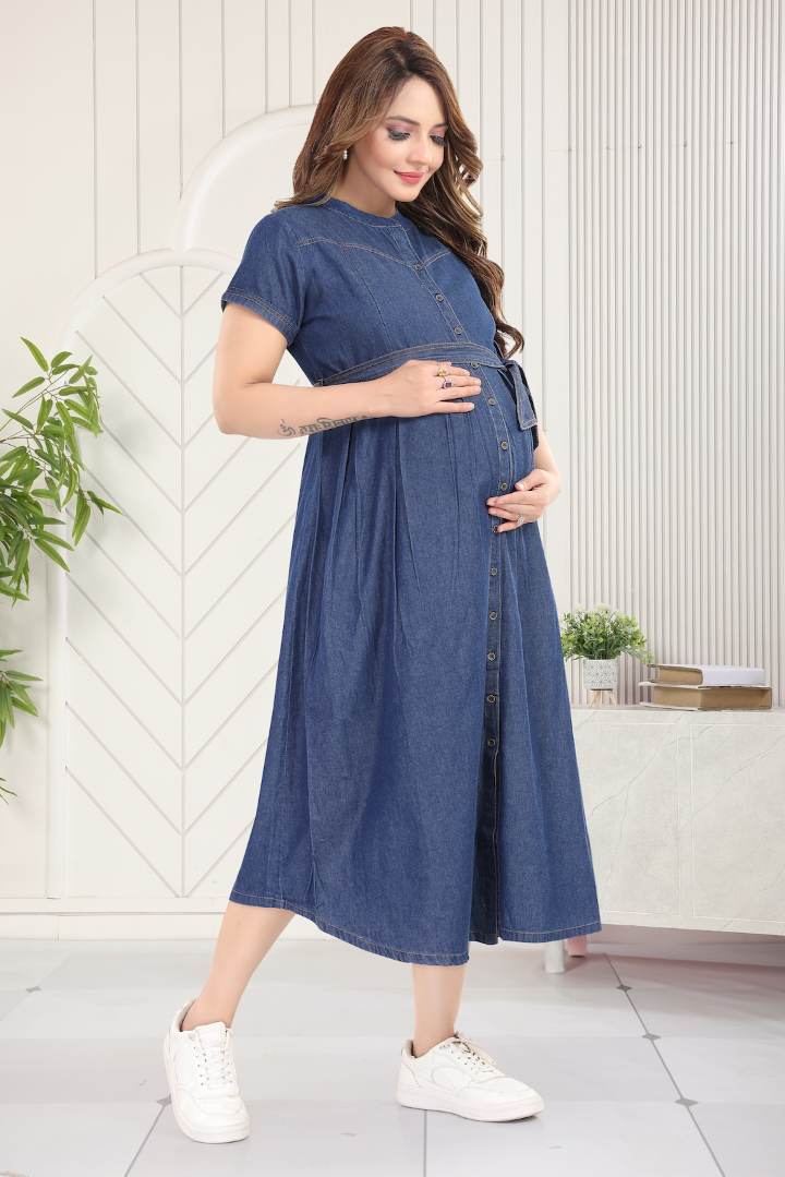 Dark Blue Denim Maternity Dress