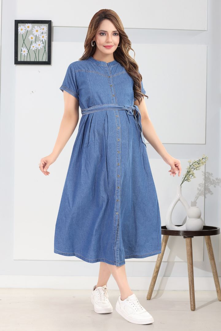 Dusty Blue Denim Maternity Dress
