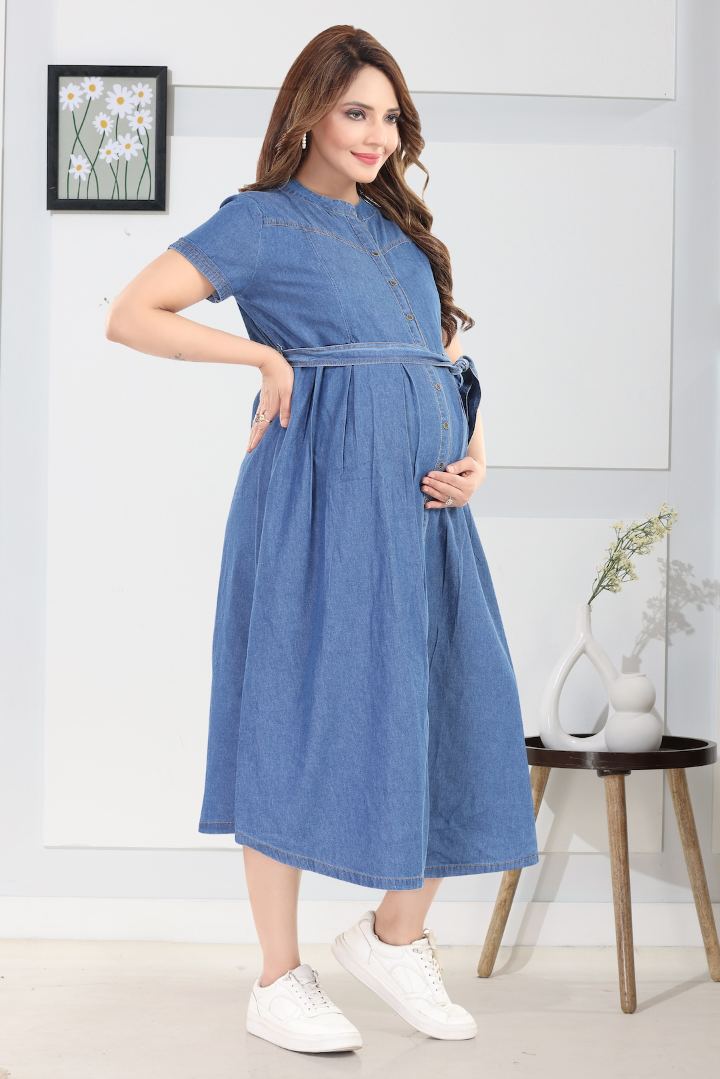 Dusty Blue Denim Maternity Dress